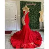 Rojo árabe Aso Ebi sirena vestidos de baile de encaje con cuentas noche sexy fiesta formal segunda recepción cumpleaños vestidos de compromiso vestido ZJ