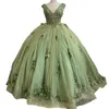 Sage 3D Applicazioni floreali Principessa Abiti Quinceanera Perline di cristallo Vestido De 15 Anos Canotta Senza maniche Lunghezza pavimento Tulle Dolce 15 Abito da ballo Indietro Allacciatura