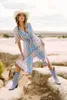 Abiti da festa Happie Queens Donna Stampa floreale Mezza manica Cintura Bottone da spiaggia Boho Midi Abito da donna Boho in cotone rayon con scollo a V allentato