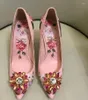 Dress Shoes Pink Leather Crystal Gem Jewelry Pointed Toe Slingback Floral Printed Shallow Celebrating Bride Heels