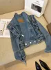 Bomber vintage streetwear moto raccolto giacca di jeans donna autunno spalline multi cerniera jeans strappati corti giacche outwear 240315