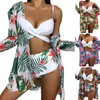 Kvinnors badkläder Kvinnor Beach Wear Floral Print Bikini Set med höga midjor Briper Cross Sling Bh Cardigan Summer för Biquini