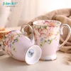 Tasses Tasse d'eau Tasse en céramique d'os avec couvercle cuillère fleur simple petit déjeuner lait café porcelaine style européen 320 ml