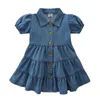 Girl Dresses 1-5 Years Toddler Girls Dress Summer Short Sleeve Turndown Neck Frilly Denim Princess Solid Casual Clothes