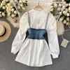 2024 HighEnd White Shirt Dress Female Lapel Diamond Pearl Luxury Short Denim Vest Chic Two Piece Sets Fashion 240314