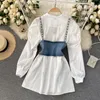 2024 Highend White Shirt Dress Female Lapel Diamond Pearl Luxury Short Denim Vest Chic Two Piece Set Fashion 240314