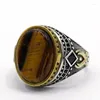 Cluster Rings Natural Tiger Eye Stone S925 Pure Silver Ring Vintage Women and Men's Wedding Anniversary Commemorative Gift Jewelry