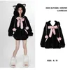 Harajuku Little WildCat Hoodies Women Bodysuit Black Tie Bowknot Cute Loose Goth Coat Y2k Style Kawaii Winter Clothes Women 240314
