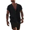 Chemises décontractées pour hommes Été Coton Lin Solide Cardigan Lâche Chemise de poche à manches courtes pour hommes Vêtements