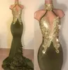 Sexy sirène vert olive robes de bal HalterCustom Made robe de soirée cou or appliques dos nu extensible satin longue robes de soirée6931523