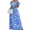 Festklänningar Jamerary Fashion Blue White Porslin Floral Printing Maxi Dress for Women Summer Sexig Slash Neck Corset Long Beach