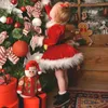 소녀 드레스 아이 크리스마스 의상 긴 소매 모피 패치 워크 복장 코스프레 파티를위한 bowknot 헤드 밴드