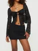 Jupes Femmes Sexy Sheer Mesh Jupe Ensemble À Manches Longues Tie-up Dentelle Crop Top Avec Taille Basse Mini Moulante Clubwear