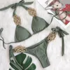 Kadın Mayo Lüks Seksi Bikini Bandage Mayo El Yapımı Dekor Katı Yüzme Takım Kadın Bikinis Seti Kadın Yular Beach Giyim