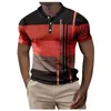 Summer T-shirts Men Polo Shirts Buttons Down Short Sleeve Tops Plaid Lapel Stripe Print T Shirts Tops Pullovers Elasticity Mane 240320