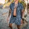 Herrspårsugnar Hawaiian Cardigan 2st Set Summer 3D Leopard Print Short Sleeve Button Shirt Beach Shorts Holiday Daily Two Piece Suit