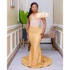Gold Arabic Aso Ebi Mermaid Prom Dresses Pärlade kristaller Sexig kväll Formell fest Second Reception födelsedagsengagemang Klänningar klänning ZJ