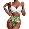 Kvinnors badkläder Kvinnor Beach Wear Floral Print Bikini Set med höga midjor Briper Cross Sling Bh Cardigan Summer för Biquini