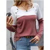 Camiseta feminina 2023 outono inverno cor bloco botão manga longa blusa feminina casual solto elegante lindo extraordinário sim otuso