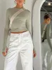 Fashion Women T-shirt Long Sleeve Crew Neck Solid Slim Fit Ladies Crop Top with Thumb Holes for Daily Streetwear Summer Camis 240321