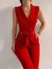 Kadın kolsuz tulum düz renk genel bodysuit giyim ofisi stili v yaka bağcıklı tulumlar yüksek bel kemeri pantolonları 240314
