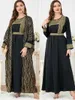 Vêtements ethniques Moyen-Orient Indonésie Femmes Col rond Broderie Bronzage Ceinture Robe à manches longues Cardigan Robe Ensemble deux pièces