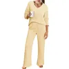 Kvinnors T -skjortor KimyDreama Women Casual Loungewear Set Solid Color Long Sleeve Crop Tops Wide Ben Pants 2 Piece Knit Sleepwear