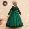 Robes de Noël vertes pour filles hiver à manches longues enfants fête princesse Costume 414 ans paillettes solide élégant robes de noël 240318