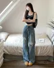 Jeans pour femmes Vintage bleu déchiré jambe large dame taille haute droite lâche décontracté streetwear long pantalon en denim