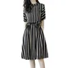 Löst koreanska Dres Summer Oneck Half Sleeve Slant Tickets Tunic Dress Casual Vertical Striped Print Midi 240308