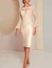 Elegante kurze Champagner-Spitze-Mutter der Braut-Kleider mit Schlitz, Etui-Schmuckausschnitt, langen Ärmeln, Patin-Kleider, formelles Partykleid unter Knielänge für Frauen