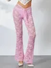 Pantalon Femme Femmes Dentelle Floral Sheer Mesh Flare Pantalon Cordon Low Rise Bell-Bottoms Sexy Voir à travers Party Club Leggings Streetwear