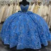 Sky Blue Shiny Off The Shoulder Quinceanera Dress Ball Gown Tulle Lace Applique Beads16th Birthday vestido de charra 15 anos