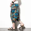 Летние мужские повседневные брюки-капри с широкими штанинами и пляжным цветочным принтом, свободные большие брюки в китайском стиле