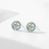 Boucles d'oreilles à clous en argent S925, rondes en émail bleu, Style européen et américain pour femmes, luxe Simple, plaqué diamant 14K