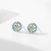 Pendientes De Botón Pendientes De Plata S925 Esmalte Azul Redondo Estilo Europeo Y Americano Para Mujer Chapado En Diamante De Lujo Simple 14K