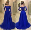 Royal Blue Uma Linha Vestidos de Noite Bateau Neck Lace Applique Mangas Compridas Frisadas Até O Chão Cocktail Pageant Vestidos Desgaste Da Noite G5490337