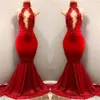 Sexig hög röd hals sjöjungfru paljett kjolar prom klänningar med ihåliga utifrån spetsar applicerade pärlor aftonklänningar
