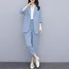 Women's Two Piece Pants Suit Office Lady Pieces Sets Solid Korean Loose Cotton And Linen Blazers Trousers Women Outfit 4XL W1962