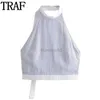 Women's T-Shirt TRAF 2024 shoulder blue suspender womens striped top womens summer backless sexy top womens casual tank top 240323