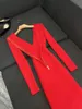 2024 Spring Red Solid Color Knitted Pencil Dress Long Sleeve V-Neck Panelled Zipper Midi Casual Dresses O4M211001
