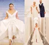 Eleganta kvinnor jumpsuit bröllopsklänningar vita satin pantskirts brudklänningar med tåg Big V -hals blixtlås tillbaka formell kändis part5234832