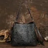 Evening Bags Retro Real Genuine Leather Women Bucket Bag Floral Embossed Cowhide Handbags Large Capacity Ladies Tote Shoulder Crossbody