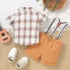 Ensembles de vêtements pour tout-petits garçons à manches courtes à carreaux imprimés t-shirt hauts shorts enfant enfants gentleman tenues costume veste tricoté bébé vêtement