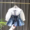 0-6Y Meisjespak Meisje Baby Denim Rok Shirt Tweedelige set Kinder- en herfstkleding met lange mouwen 240307