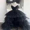 Glitter Black Hi Low Prom Evening Dresses with Spaghetti Straps Layered Tulle Sequined Short Front Long Back Party Cocktail Pagean4138330