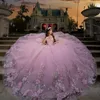 Pink Shiny Quinceanera Dress Off The Shoulder Princess Prom Gown Appliques Lace Flower Beads Tull Sweet 16 Dress Vestidos De 15 Anos