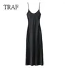 Casual Dresses TRAF Black Slip Dress Women 2024 Sexy Backless Midi Long Woman Clothing Sleeveless Party Night Club Summer