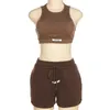 Sporty Solid Letter Two Piece Set Women Ribbed Skinny Tank Tops Loose Casual Bandage Shorts Matching Female Tracksuit 240312