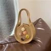 Trekkoord Vintage Strogeweven Kleine Ronde Handtas Kaki Beige Bloem Decor Strandtas Voor Dames Zomer Bohemen Mode Dagelijkse Schoudertas